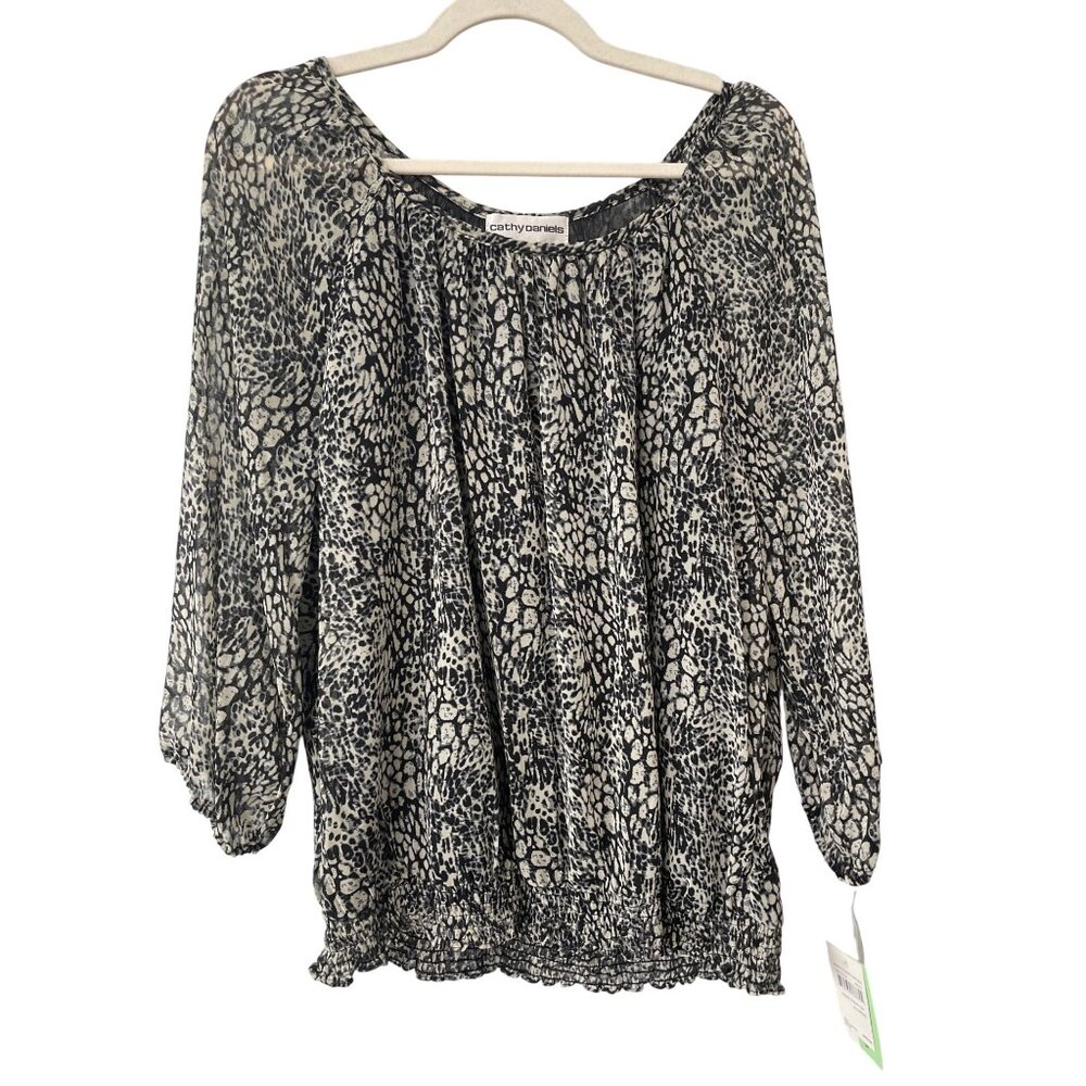 Cathy Daniels Animal Print Blouse Size XL 3/4 Sleeve Leopard Black White NEW